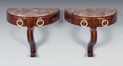 LELEU Jules (1883-1961) A pair of half-moon console tables in burr walnut veneer...