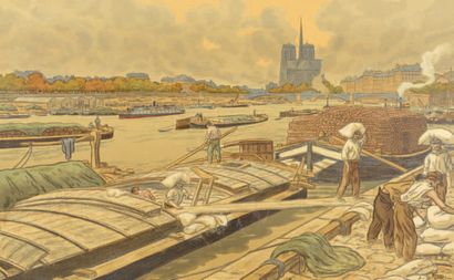 Henri RIVIERE (1864-1951) 
Notre Dame vu du quai d'Austerlitz
Lithographie en couleurs,...