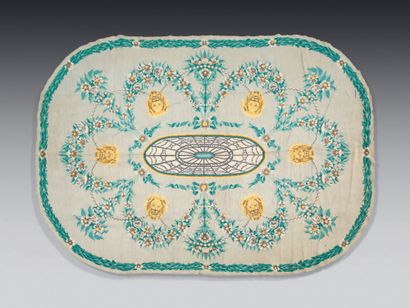  Oval carpet in the gros point known as Arraiolos with central medallion decoration,...