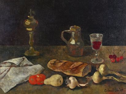Roland OUDOT (1897-1981) Still life with baguette and wine glass Oil on canvas, signed...
