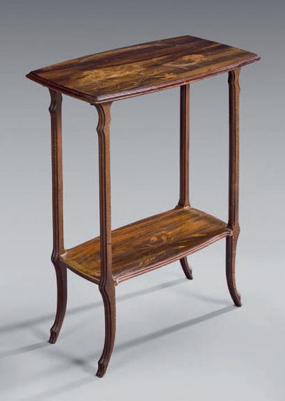 GALLÉ Émile (1846-1904) Grooved walnut pedestal table with two trays and a flower...
