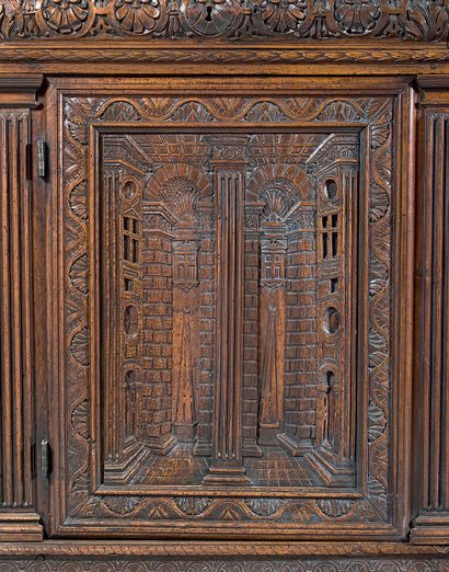 null Important piece of walnut furniture richly carved with dentils, palmettes friezes,...