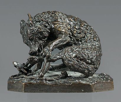 Christophe FRATIN (1801-1864) 
Loup pris au piège
Bronze à patine brune nuancée.
Signé...