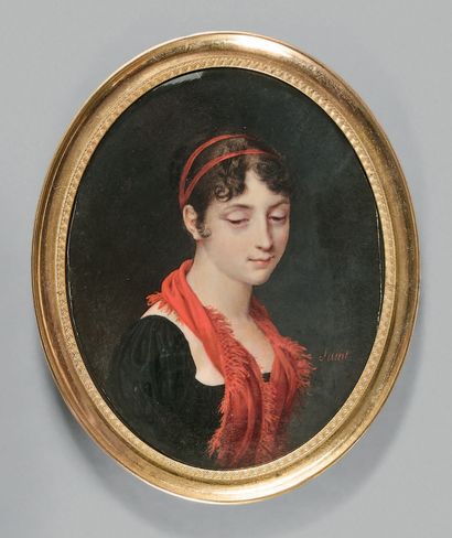 Daniel SAINT (Saint-Lô, 1778-1847) 
Portrait de femme châle rouge Miniature ovale...