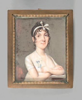 BOSSELMAN (actif entre 1801 et 1816) 
Portrait de jeune femme à la pensée, an X (1801-1802)...