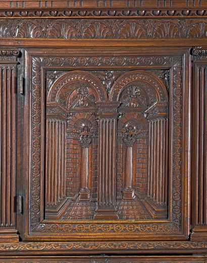 null Important piece of walnut furniture richly carved with dentils, palmettes friezes,...
