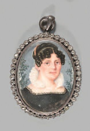 École SUISSE, vers 1820 
Portrait of a woman with a collar Oval miniature painted...