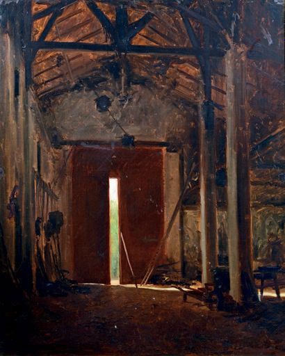 René PRINCETEAU (1843-1914) Intérieur de la grange de la ferme de Pontus Huile sur...