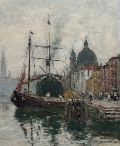 Eugène BOUDIN (1824-1898) 
Venise, le quai de la Giudecca, effet du matin, 1895
Huile...