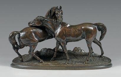Pierre-Jules MENE (1810-1879), d'après 
L'accolade Bronze with brown shaded patina.
Signed...