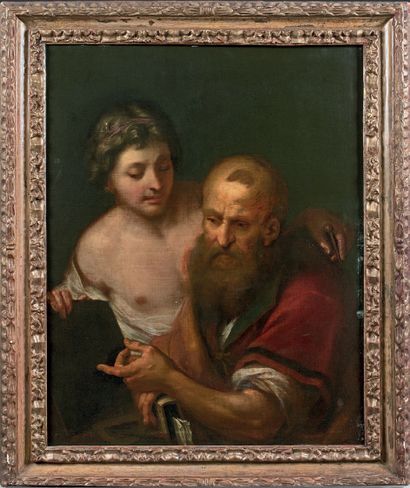 Attribué à Jurgen OVENS (1623-1678) 
Saint Mathieu et l'Ange
Toile. 79 x 64 cm