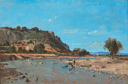 Paul Camille GUIGOU (1834-1871) Lavandières Saint-Paul, la Durance (Bouches du Rhône),...