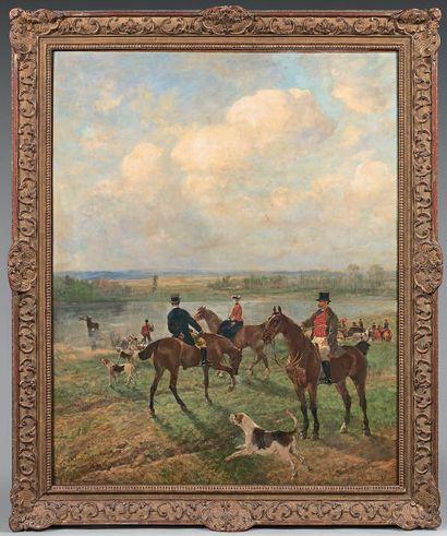 John Lewis BROWN (1829-1890) 
Vénerie du cerf : Le bat l'eau Huile sur toile, signée...