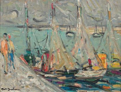 Abel BERTRAM (1871-1954) 
Bateaux à Gravelines
Huile sur papier marouflé sur toile,...