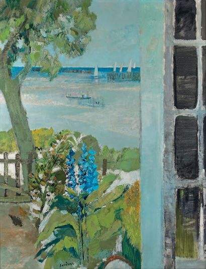 Guy Bardone (1927-2015) 
Arcachon, voiles à la fenêtre noire, 1973 Huile sur toile,...