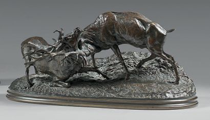 Pierre-Jules Mene (1810-1879) 
Combat de cerfs
Bronze à patine brune.
Signé en creux...