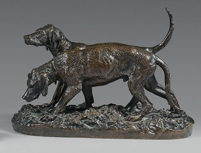 Christophe FRATIN (1801-1864) Two hounds marked N for one and F for the other
Bronze...