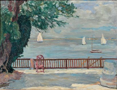Willem VAN HASSELT (1882-1963) 
Arcachon, terrasse au bord du bassin, 1935
Huile...