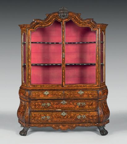 null Display cabinet inlaid with flowers and foliage, vases on a polychrome entablature...