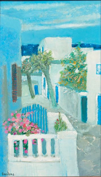 Guy Bardone (1927-2015) 
Mykonos, les fleurs sur le balcon, 1974
Huile sur toile,...