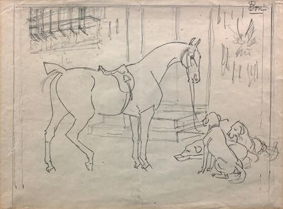 René PRINCENTEAU, attribuée à 
Le cheval et les trois chiens Étude au crayon sur...