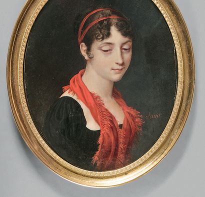 Daniel SAINT (Saint-Lô, 1778-1847) 
Portrait de femme châle rouge Miniature ovale...