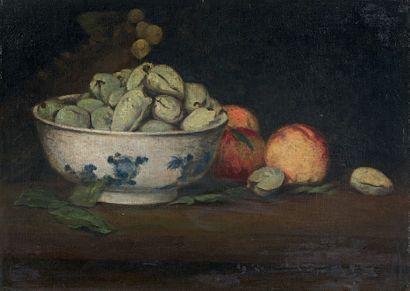 ECOLE FRANÇAISE vers 1870 Coupes d'amandes, raisins, et pommes sur un entablement
Huile...