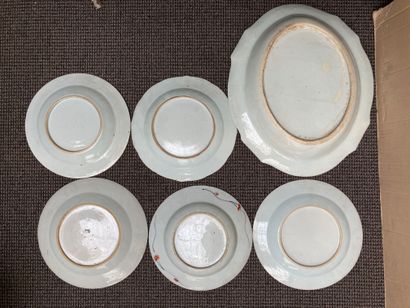 CHINE Lot comprenant cinq assiettes (quatre circulaires et une à bordure contournée)...