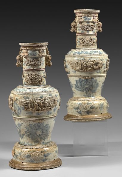 VIETNAM, Fours de BAT-TRANG Pair of large altar or temple vases in light grey porcelain...