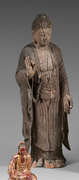 Asie du sud-est Statue de Bouddha Shakyamuni en bois sculpté (résineux ?) représenté...