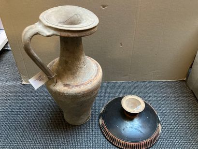  Lot including a lekanis cup (handle and lid lost) and a large jug with a truncated...