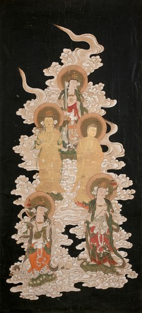 JAPON Couleurs et encre sur papier en hauteur de Kannon, Amitabha,Monju et deux attendants.
Époque...