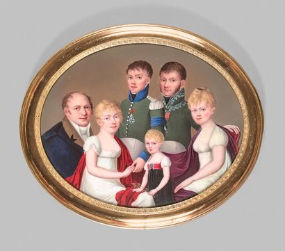 École SUISSE ou ITALIENNE vers 1813 
Portrait de famille.
Rare miniature ovale peinte...