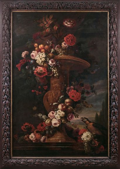 Pierre Nicolas HUILLIOT (1674-1751) 
Cut flowers in a bronze vase with a parrot....