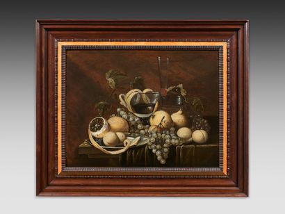 Gilliam DANDOY (actif à Anvers vers 1630) 
Nature morte aux fruits et aux verres
Panneau,...