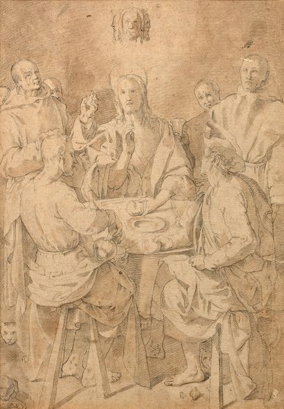 Attribué à Pietro CANDIDO (1548-1628) 
Les pèlerins d'Emmaüs
Pierre noire et lavis...