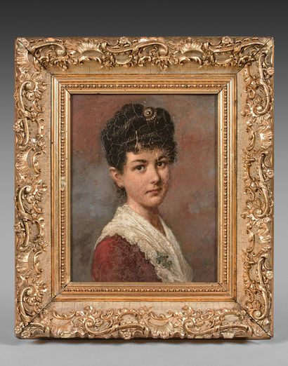 Ecole française vers 1850 
Portrait de femme au châle blanc
Panneau contrecollé....