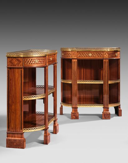 null Pair of rare consoles inlaid with perspective cubes, rosewood and thread quartefoils,...
