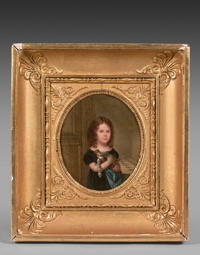 Ecole française vers 1850 
Portrait de Théodosie de Fougères tenant une poupée
Panneau...