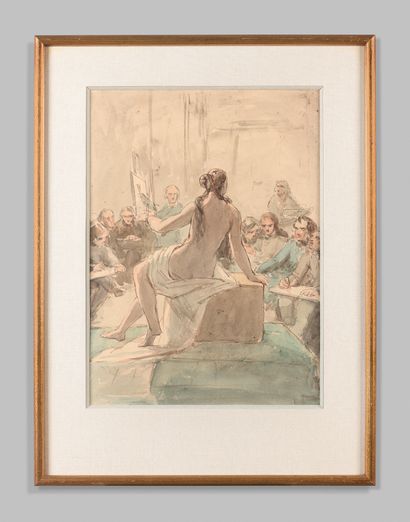 École Française du XIXe siècle 
Le modèle d'atelier
Aquarelle.
43 x 31,5 cm