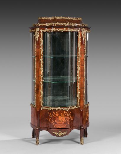 null A display case inlaid with a basket full of flowers on a rosewood counter-bottom;...