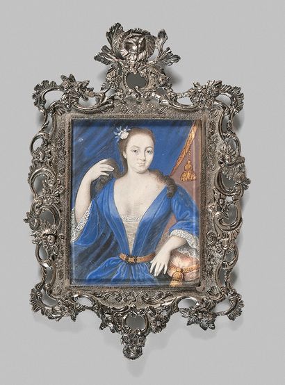 Jacques BISSON (?-1737), attribué à 
Portrait de femme en robe bleue.
Miniature rectangulaire...