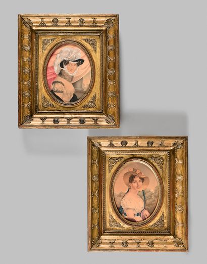 ÉCOLE FRANÇAISE d'époque Restauration 
Portraits de femmes, 1824.
Paire de grande...