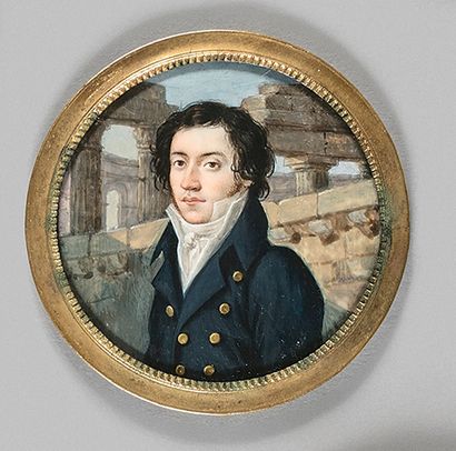 Ecole française vers 1810-1820 
Portrait d'homme, souvenir du Grand Tour.
Miniature...