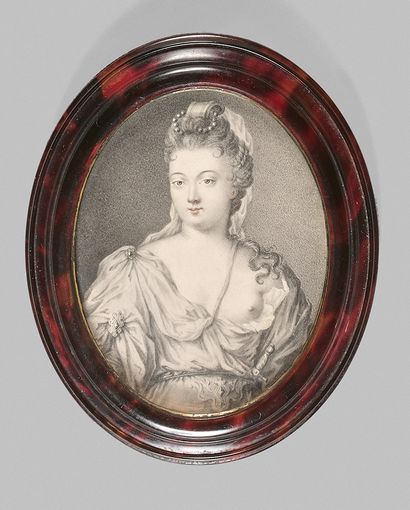 École FRANÇAISE du début du XVIIIe siècle 
Portrait de femme en Psyché.
Miniature...