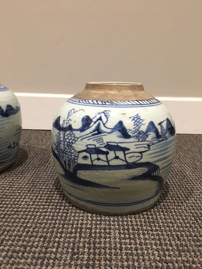 null CHINE Deux petits pots à gingembre en porcelaine, décoré en bleu d un paysage...