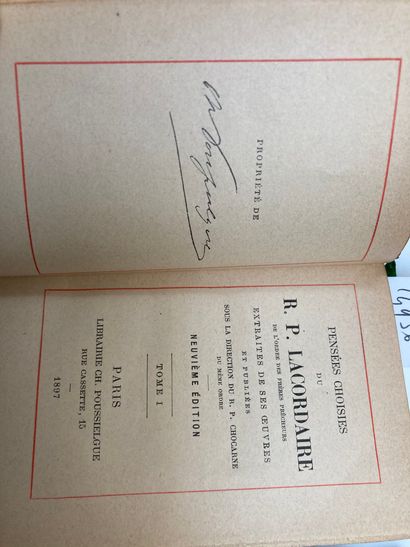 null R.P. LACORDAIRE. Pensées choisies. Paris, Poussielgue, 1897. 2 vol. in-18 ou...