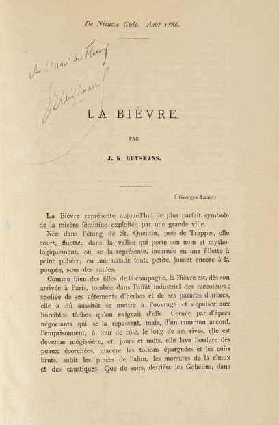 HUYSMANS (Joris-Karl). "The Bièvre." S. l. [Amsterdam], De Niewe Gids, August 1886.
In-8°,...