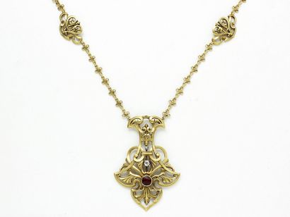 null Gold necklace 750 thousandth partially satiny, centered of a pendant in geometrical...