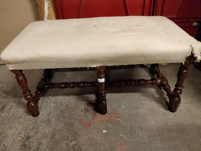 null Walnut turned bench resting on six turned baluster feet joined by an H-shaped...